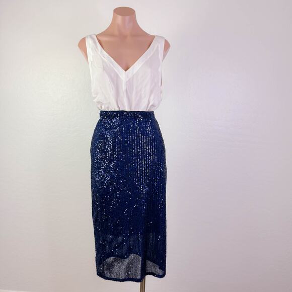 Vince Camuto Slit Pencil Sequin Midi Skirt Blue Cocktail Party Disco Size S NWT - Picture 1 of 11